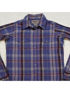 Wrangler Wrancher Women’s S Pearl Snap Western Plaid Shirt Purple Flannel Top